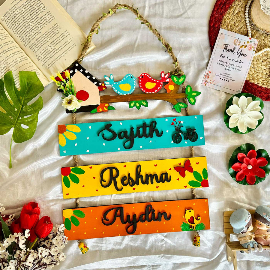 Personalized Birds Themed Planks Mdf Wood Name Plate - Name Personalization Example with Decorations