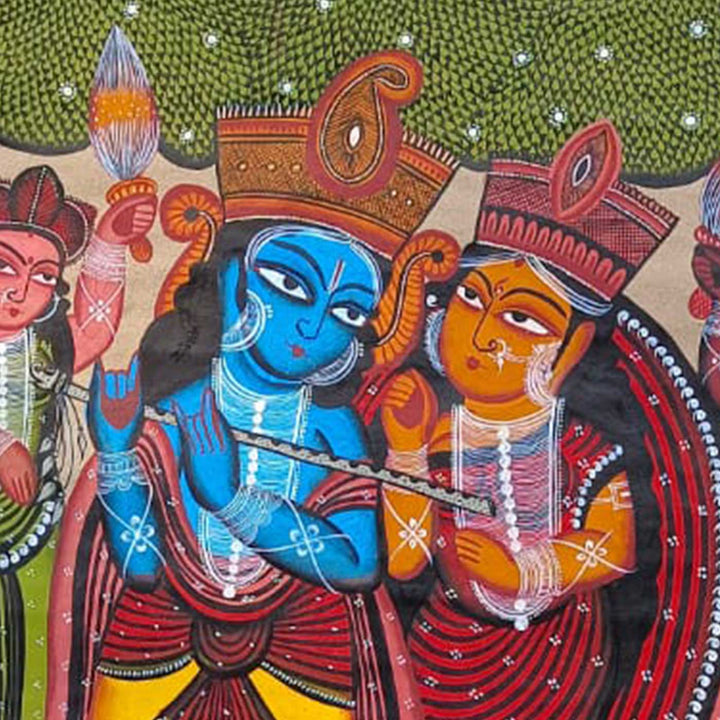 44 x 29 Inch | Radha Krishna | Original Hand Painted Kalighat Painting | Natural Colors On Paper