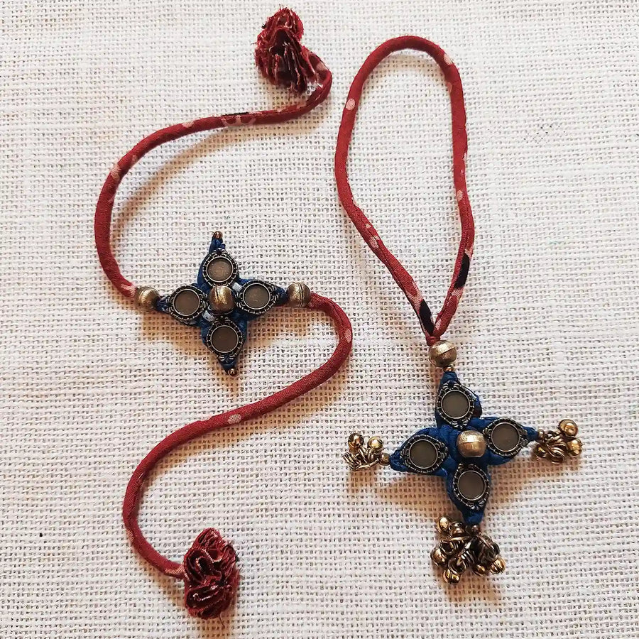 Handmade Dori Work And Ghungroo Bhaiya Bhabhi Rakhi With Roli Chawal Set Of 2 - Front View of Both Pieces