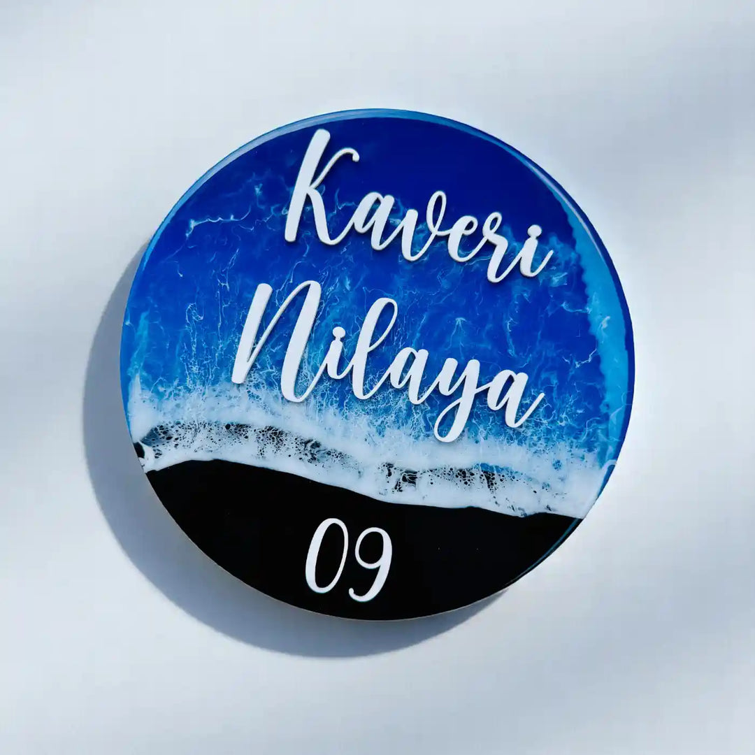 Dark Blue Personalized Ocean Effect Round Resin Name Plate | With 3D Acrylic Letters