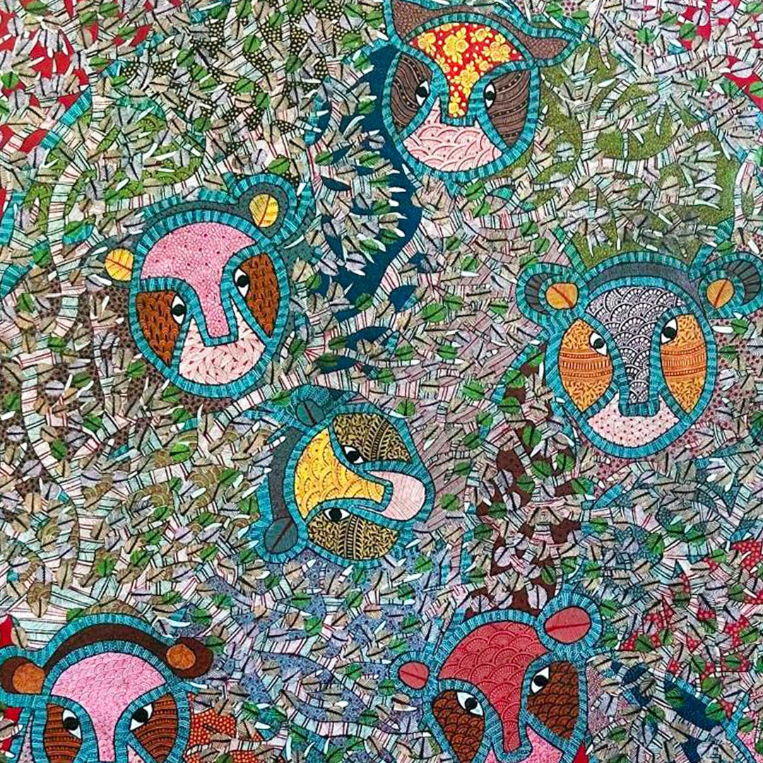 24 x 36 Inch | Lions In The Trees | Original Hand Painted Tribal Gond Art Painting | Acrylic Paints On Paper