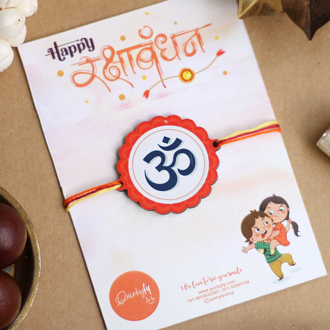 Handmade Om Design Religious Magnet Wooden Rakhi With Roli Chawal - Full Product with Packaging View