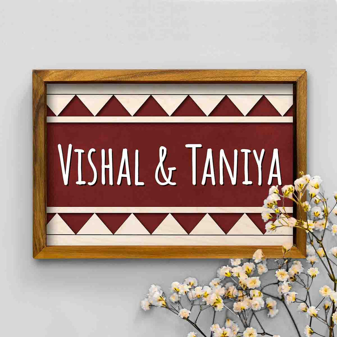 Wooden Personalized Framed Name Plate For Couples 1 - Front View with Floral Decoration