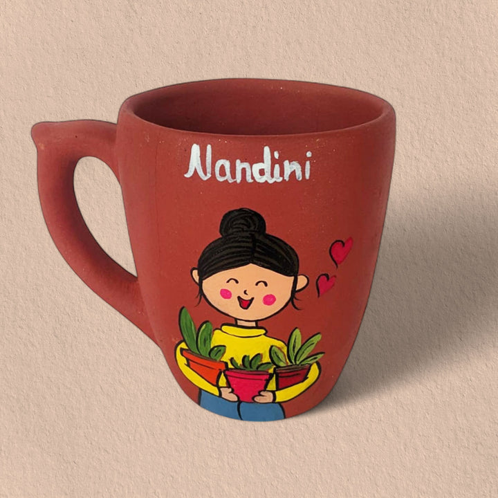 Handpainted Personalised 3D Terracotta Mug with Plant Lover Avatar Illustrations