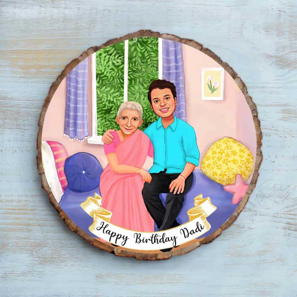Photo Caricature Bark Nameplate With Stand 1 - Front View with Personalized Illustration