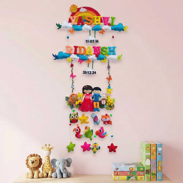 Personalized Rainbow & Jungle Theme Felt Kids Name Plate For Siblings