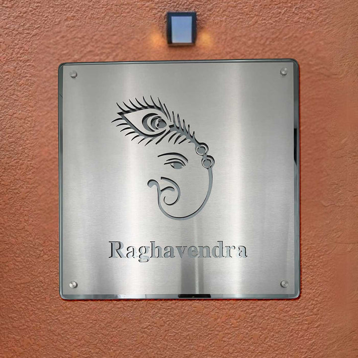 Personalized Engraved Minimalist Ganesha Theme Stainless Steel Name Plate
