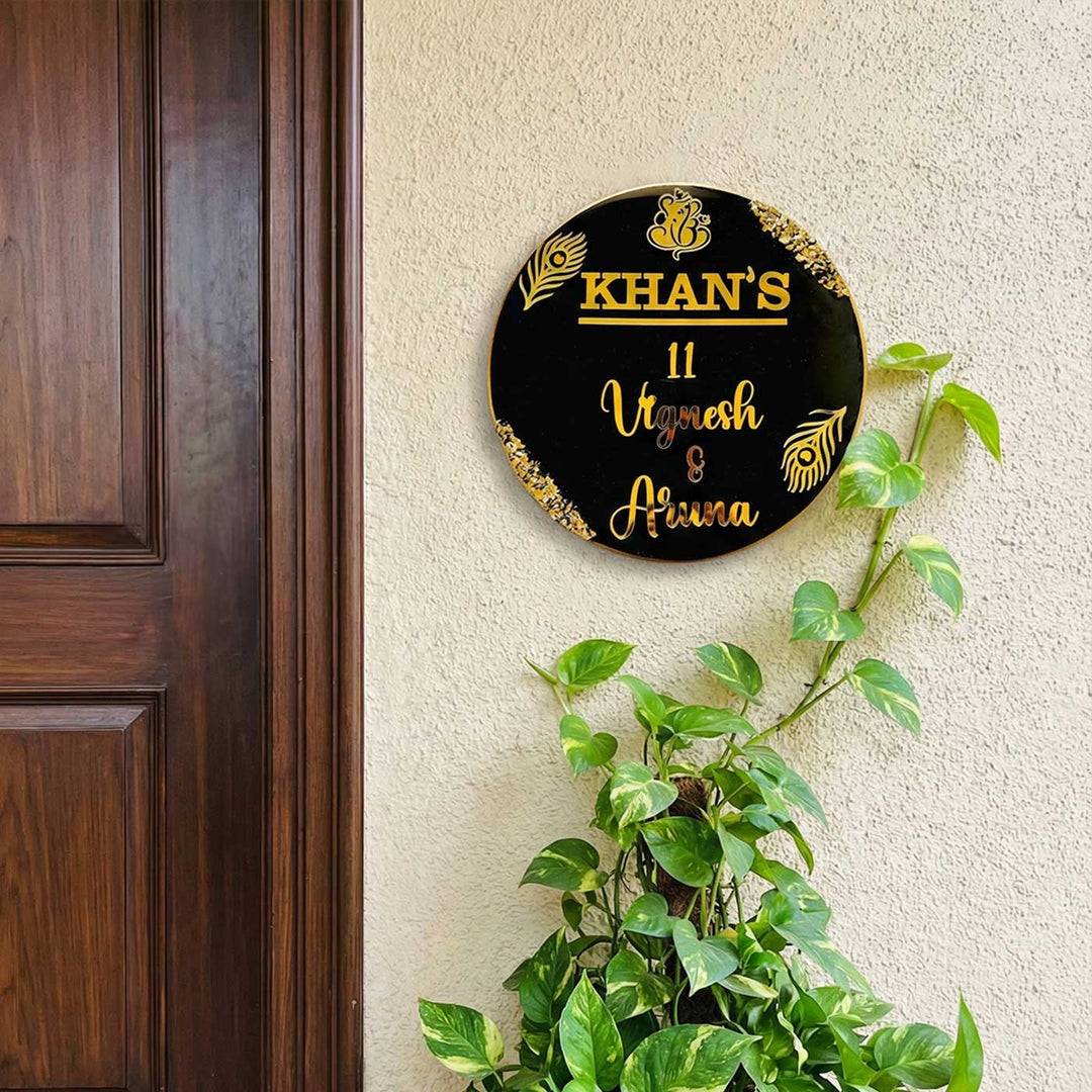 Black Feathers Personalized Round Resin Name Plate | With 3D Acrylic Letters & Gold Stone Embellishment