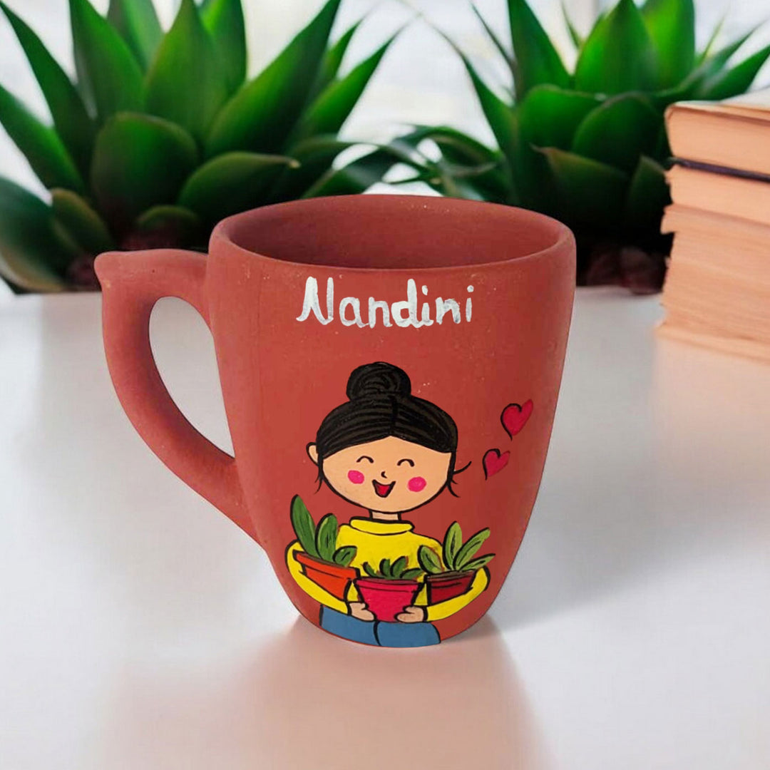 Handpainted Personalised 3D Terracotta Mug with Plant Lover Avatar Illustrations
