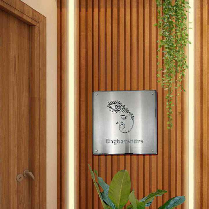 Personalized Engraved Minimalist Ganesha Theme Stainless Steel Name Plate
