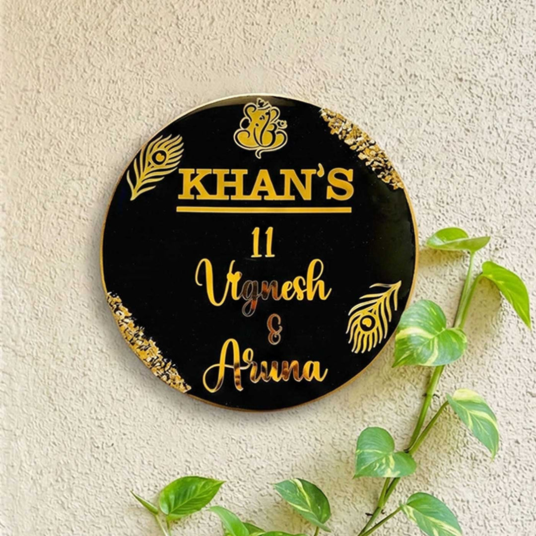 Black Feathers Personalized Round Resin Name Plate | With 3D Acrylic Letters & Gold Stone Embellishment