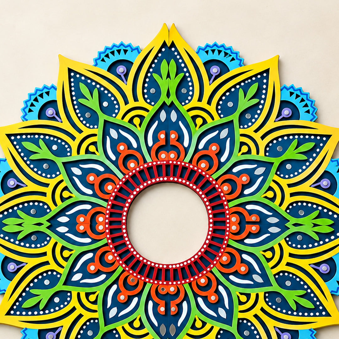 4 Pc | Hand-Painted Blue & Yellow Floral Mdf Split Rangoli For Festive Decor