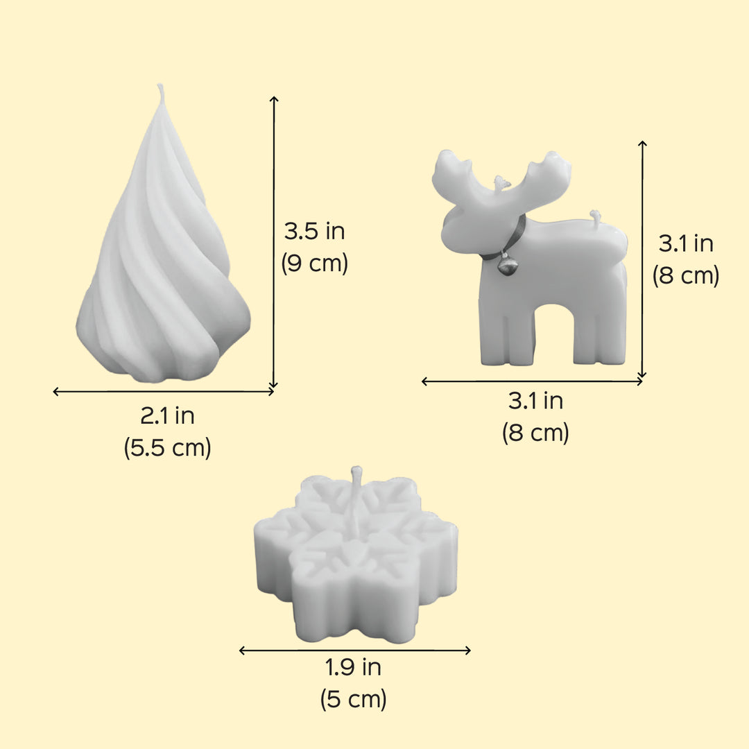 3 Pc | Handmade Swirl Tree, Reindeer & Snowflake Soy Wax Candles