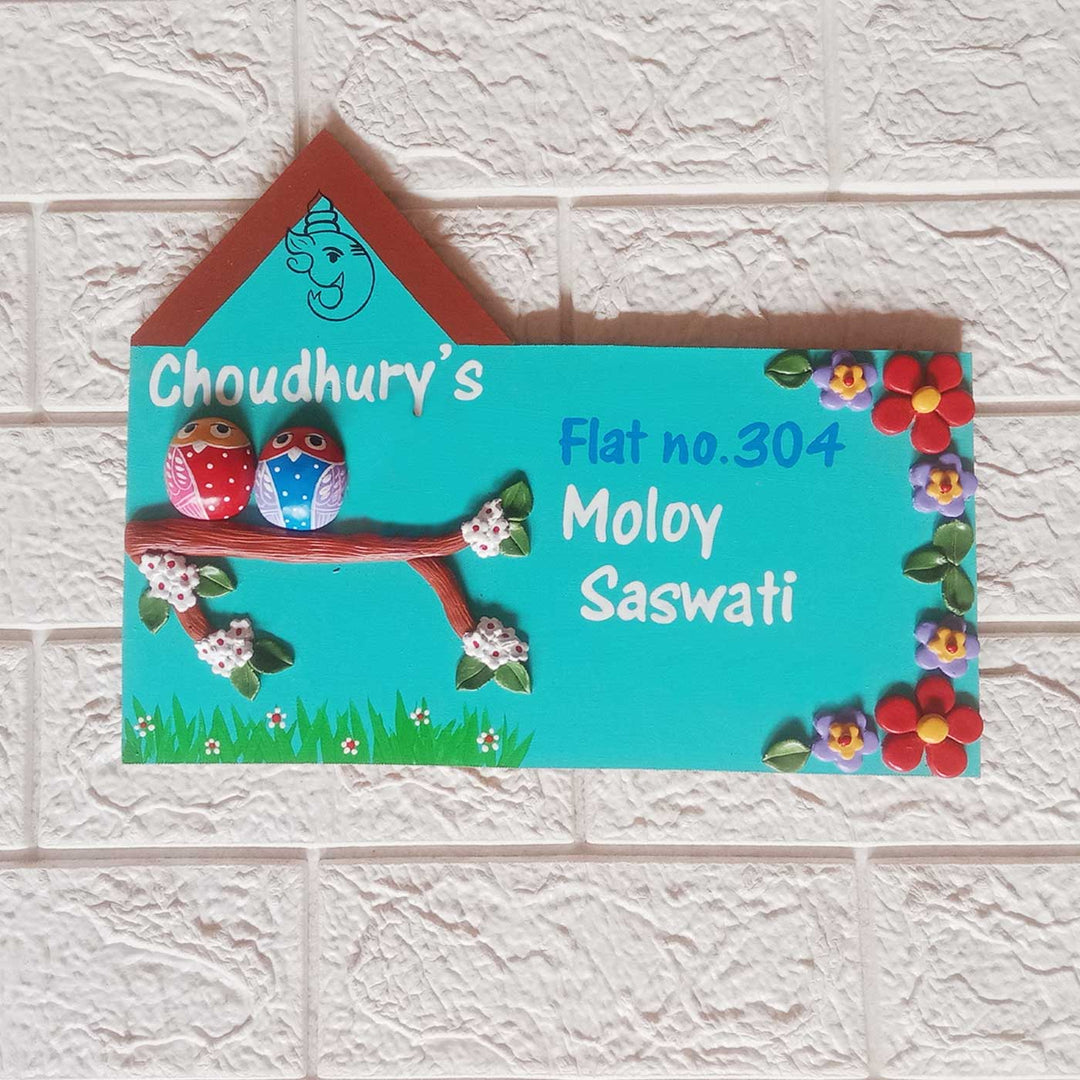 Handmade Owl Family Name Plate With Personalised Clay Figures 1 - Front View Mounted on Wall