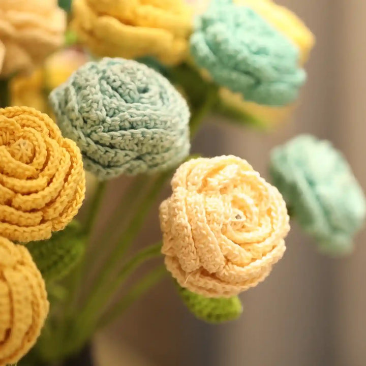 Handmade Crochet Button Roses Cotton Flower Stick | Pack Of 1
