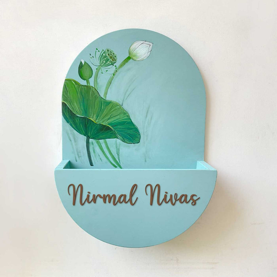 Personalized Handmade Shy Teal Floral Mdf Wood Name Plate - Front View with Name Personalization