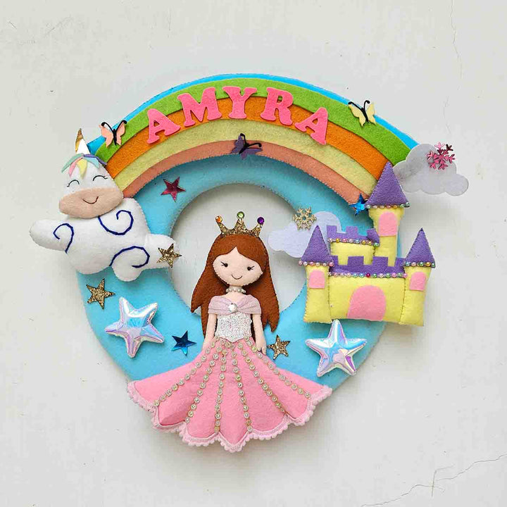 Handcrafted Personalized Unicorn With Swing Felt Nameplate For Girls - Front View with Name Personalization