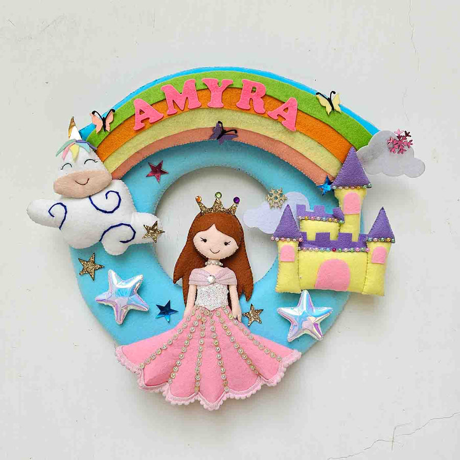 Handcrafted Personalized Unicorn With Swing Felt Nameplate For Girls - Front View with Name Personalization