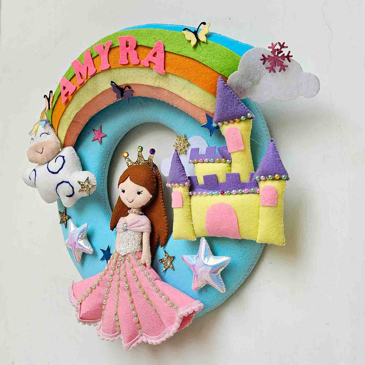 Handcrafted Personalized Unicorn With Swing Felt Nameplate For Girls - Front View Hanging on Wall