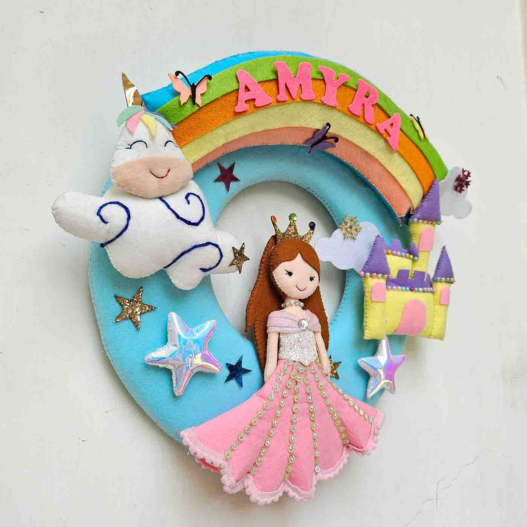 Handcrafted Personalized Unicorn With Swing Felt Nameplate For Girls - Name Personalization Example Front View