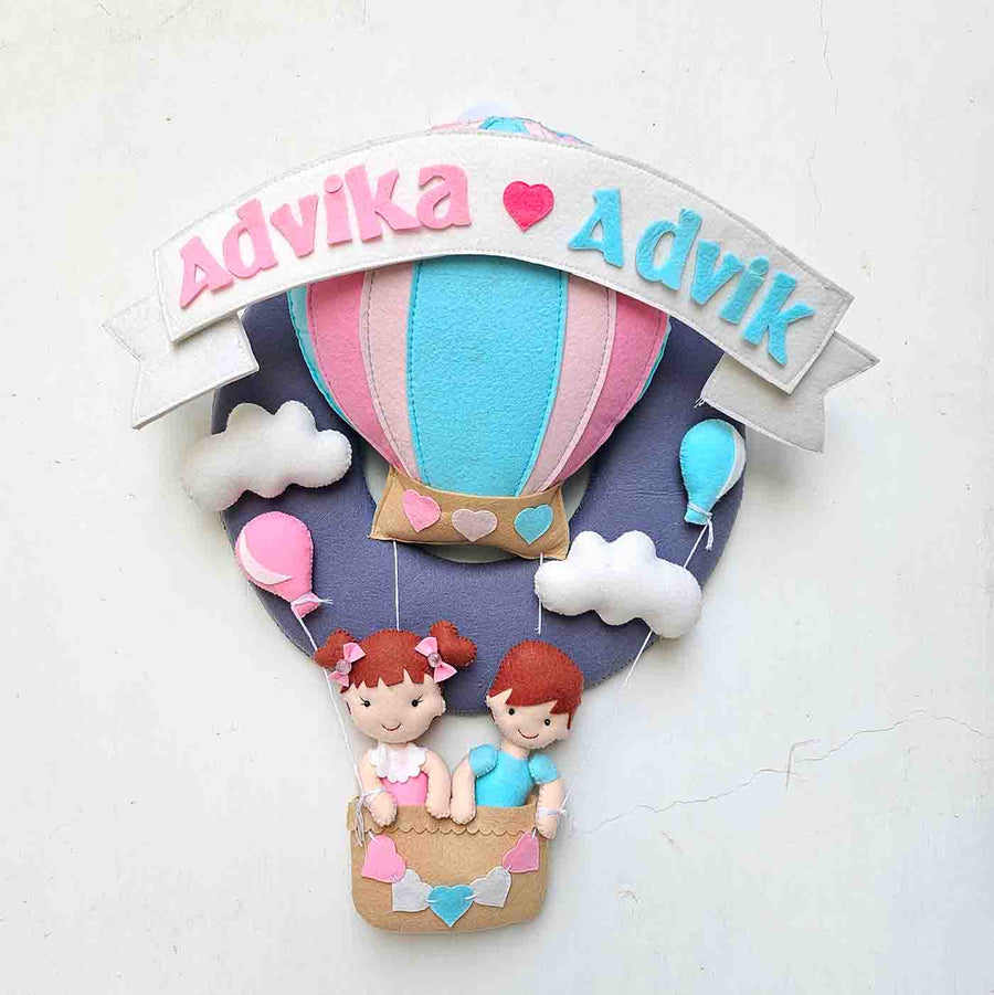 Handcrafted Personalized Hot Air Balloon Felt Nameplate For Siblings - Personalized Name Display Front View