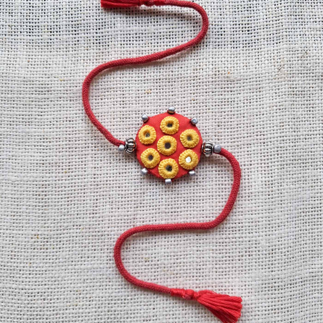 Handmade Mirror Work Ethnic Red Rakhi Lumba Set With Roli Chawal For Bhaiya Bhabhi | Set of 2