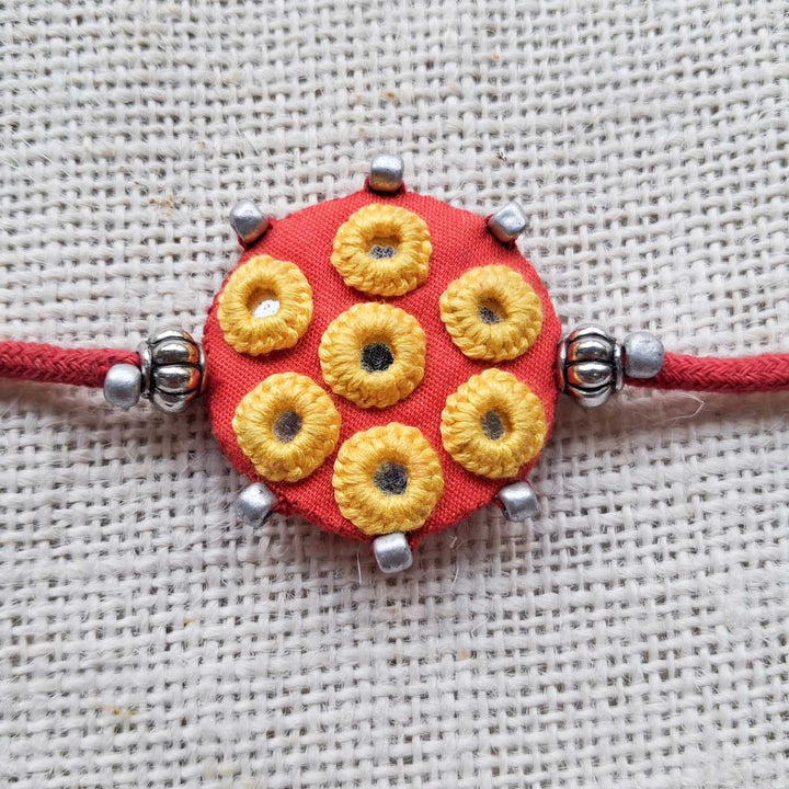 Handmade Mirror Work Ethnic Red Rakhi With Roli Chawal For Brother