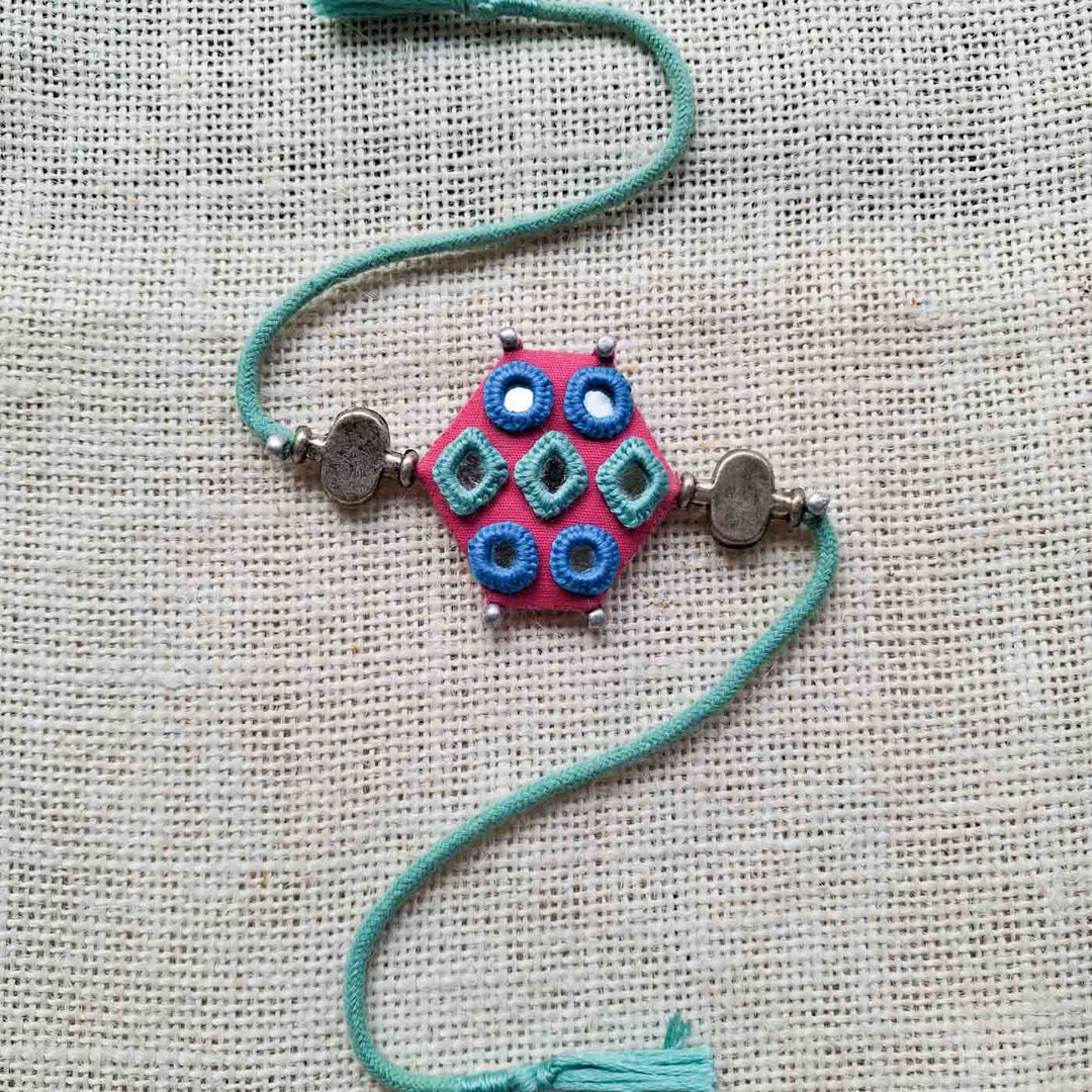 Handmade Mirror Work Teal Shaded Rakhi With Roli Chawal For Brother