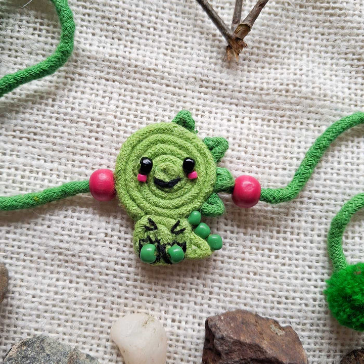 Handmade Doriwork Dinosaur Kids Rakhi With Roli Chawal For Brother