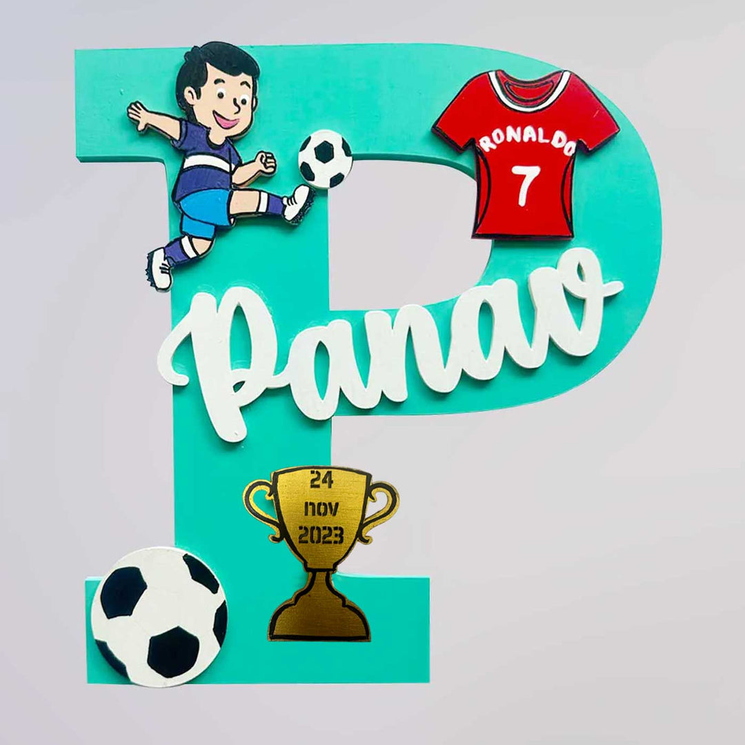 Handcrafted Personalized Kids Football Themed Monogram Mdf Nameplate 6 - Front View on Flat Surface