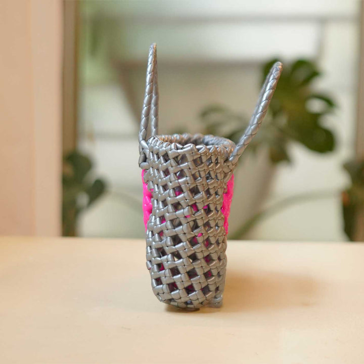 Mini Handwoven Grey Plastic Wire Koodai Bag With Pink Heart Motif