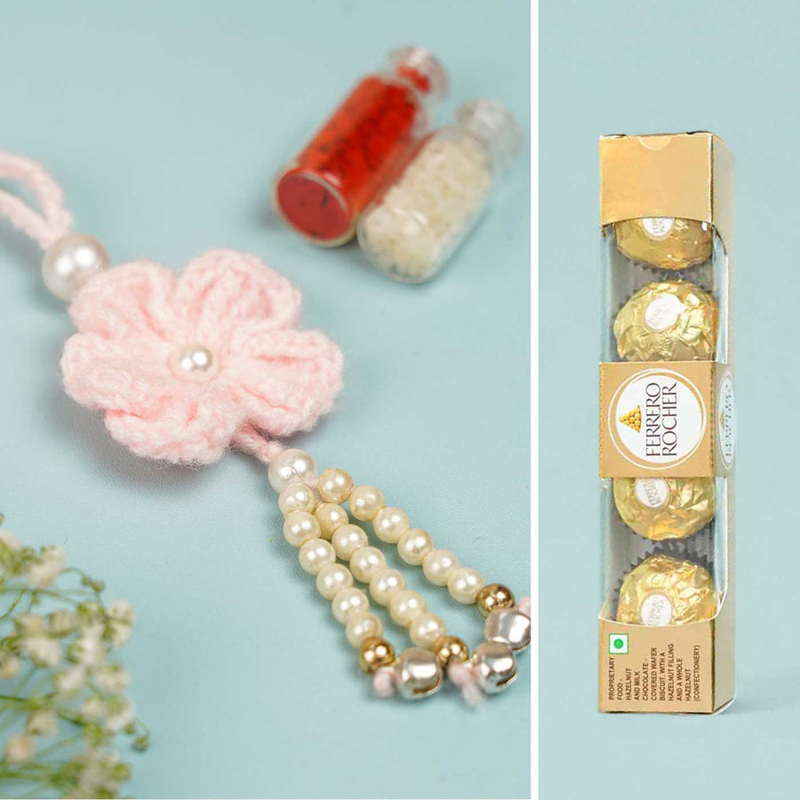 Handmade Crochet Floral Lumba Rakhi For Bhabhi With Roli Chawal - Pink Flower and Chocolates Set