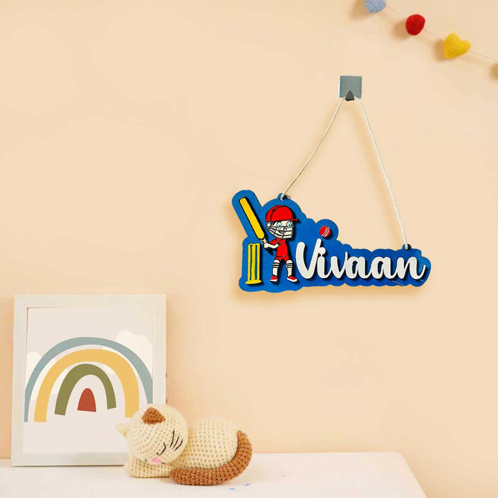 Personalized Hand Painted Cricket Mdf Wood Kids Name Plate - Hanging on Wall with Hook