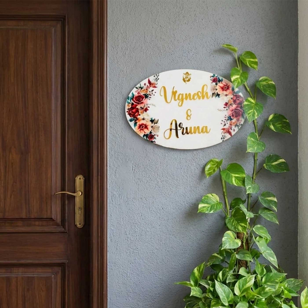 White & Red Floral Personalized Oval Resin Nameplate | With 3D Acrylic Letters
