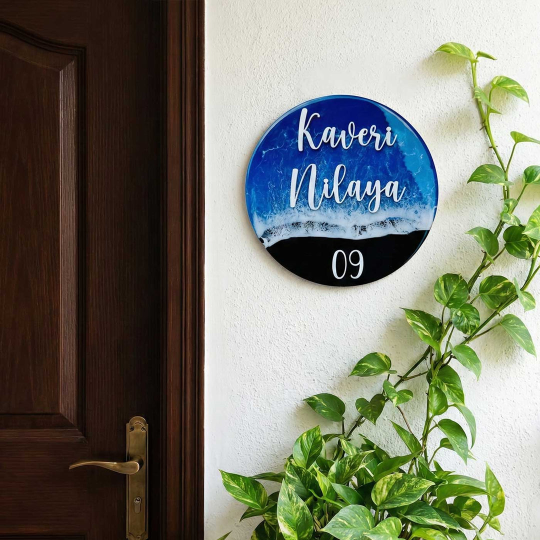 Dark Blue Personalized Ocean Effect Round Resin Name Plate | With 3D Acrylic Letters