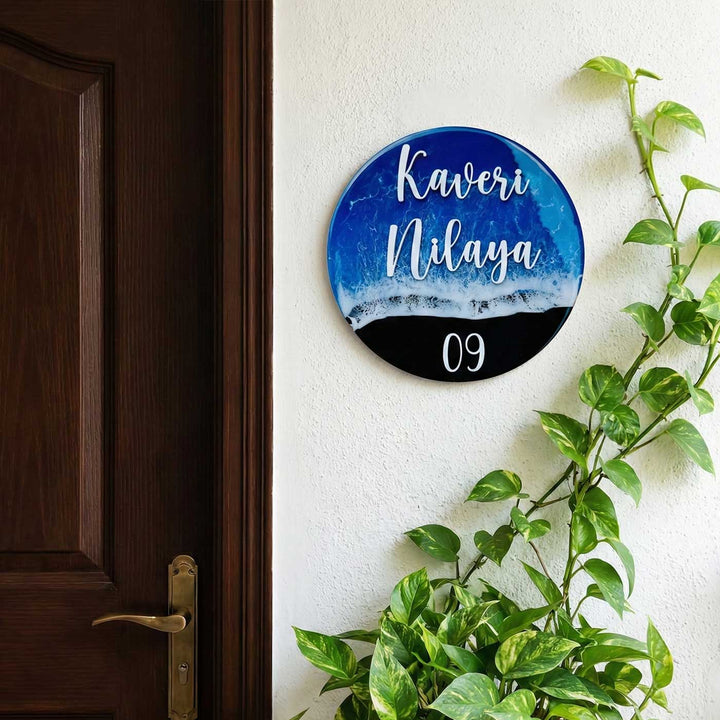 Dark Blue Personalized Ocean Effect Round Resin Name Plate | With 3D Acrylic Letters