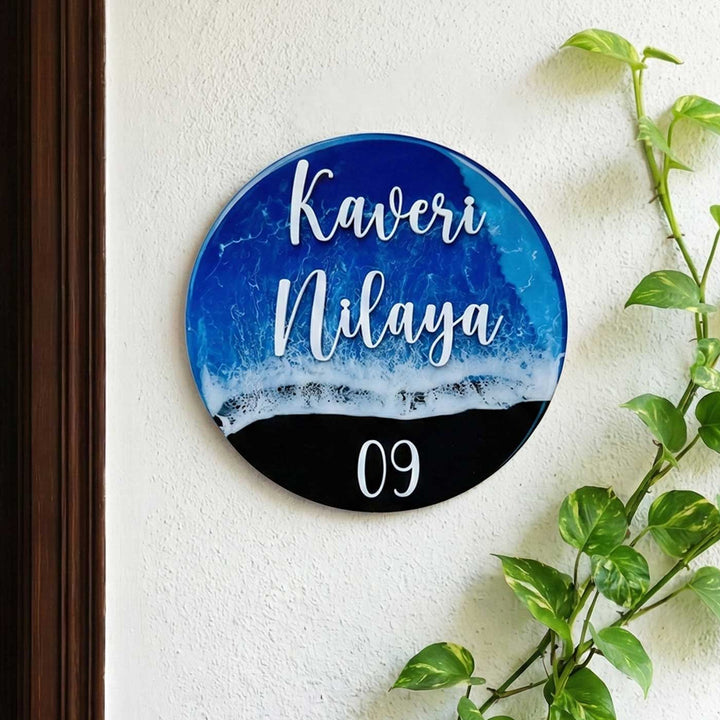 Dark Blue Personalized Ocean Effect Round Resin Name Plate | With 3D Acrylic Letters