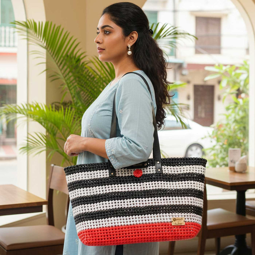 Black & White Striped Mukhya Knot Handmade Koodai Beach Bag