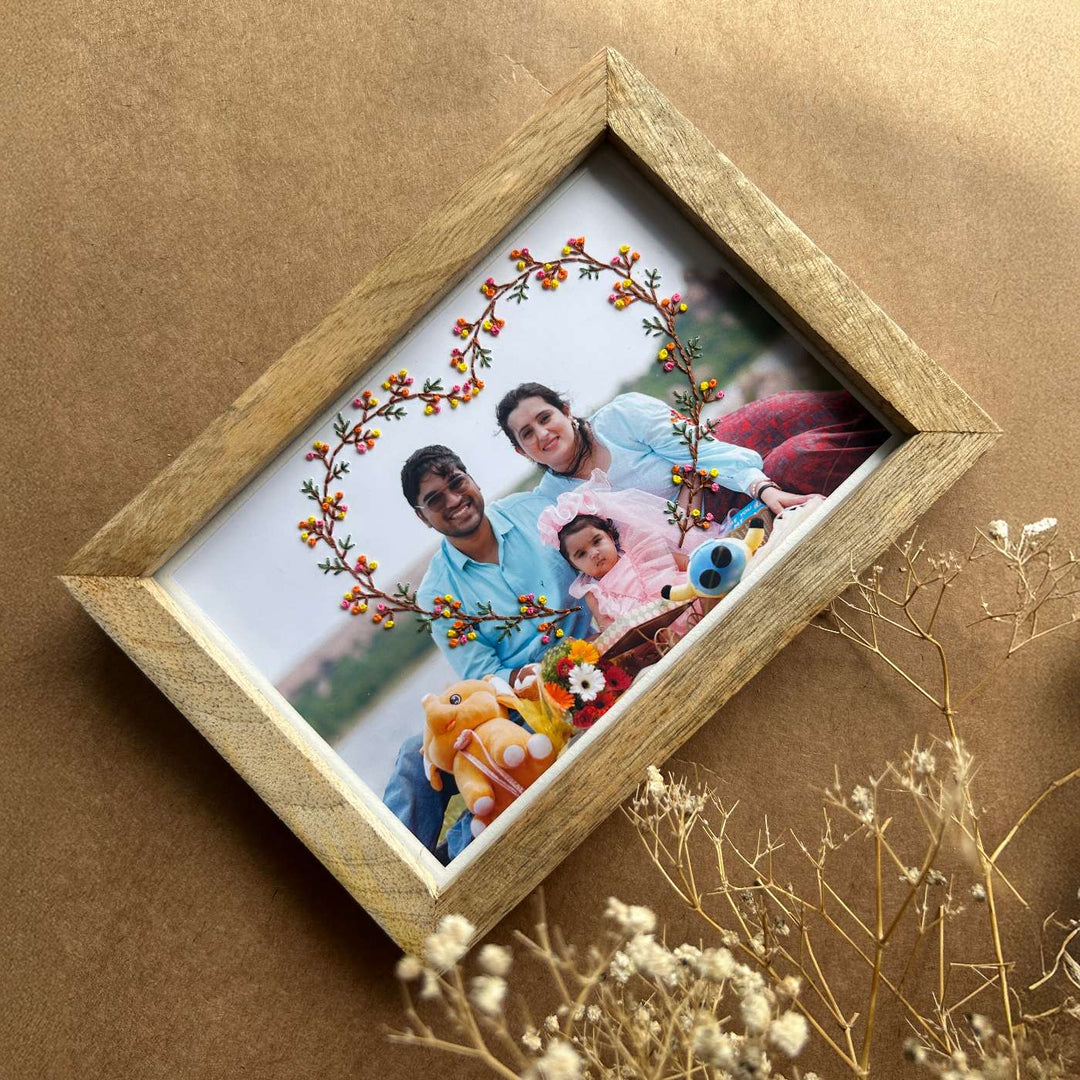 Knot Hearts Design Hand Embroidered Photo With Wooden Frame