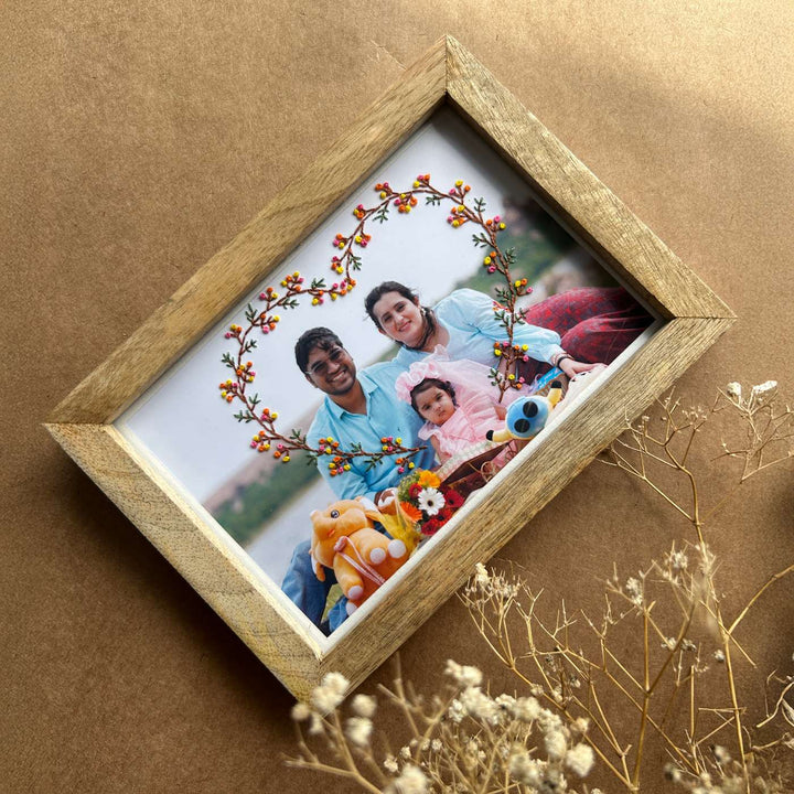 Knot Hearts Design Hand Embroidered Photo With Wooden Frame