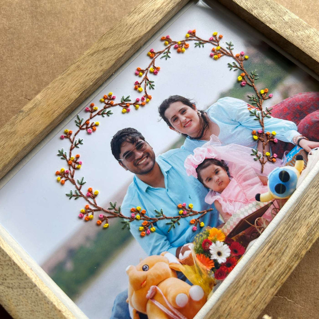 Knot Hearts Design Hand Embroidered Photo With Wooden Frame