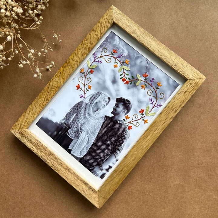 Knot Hearts Design Hand Embroidered Photo With Wooden Frame
