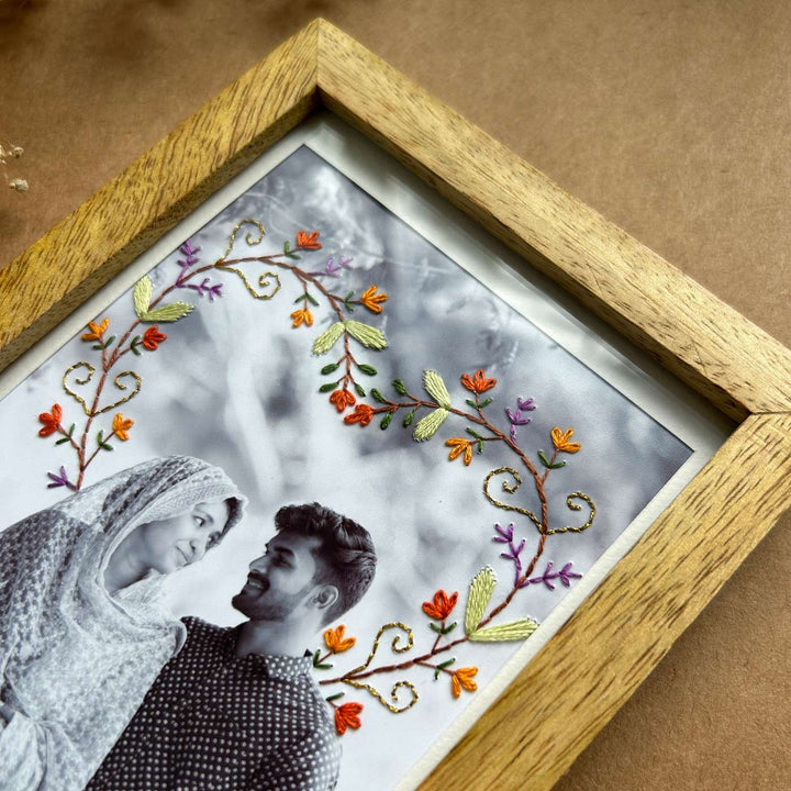Knot Hearts Design Hand Embroidered Photo With Wooden Frame