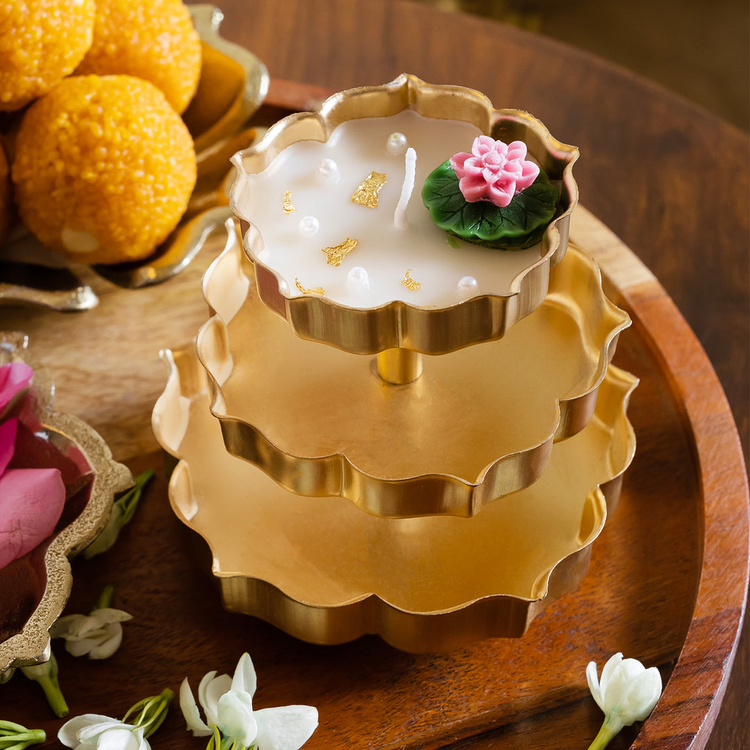 Handcrafted 3 Tier Lotus Brass Urli Soy Wax Candle With Lily & Lavender Fragrance For Festive Decor