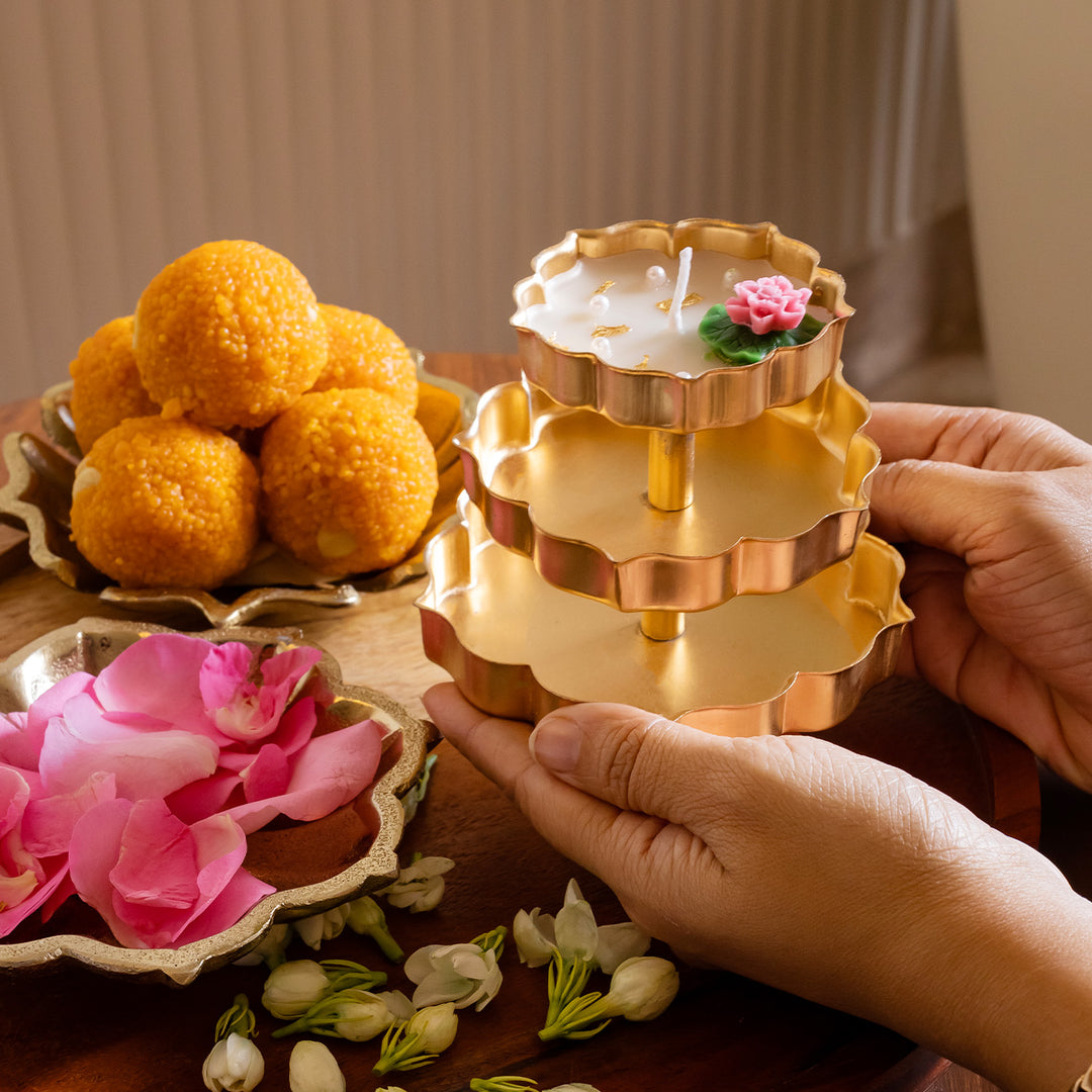 Handcrafted 3 Tier Lotus Brass Urli Soy Wax Candle With Lily & Lavender Fragrance For Festive Decor