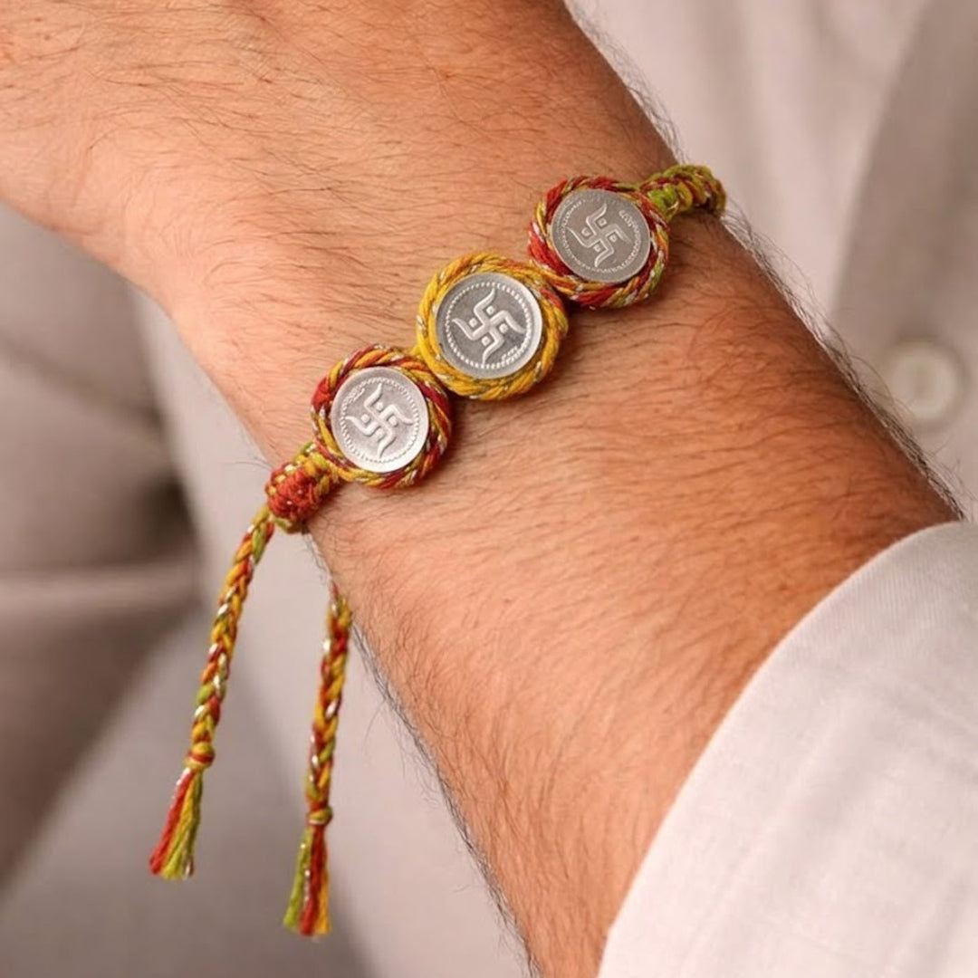 Handmade Three Swatik Coin Design Silver Rakhi With Roli Chawal For Brother
