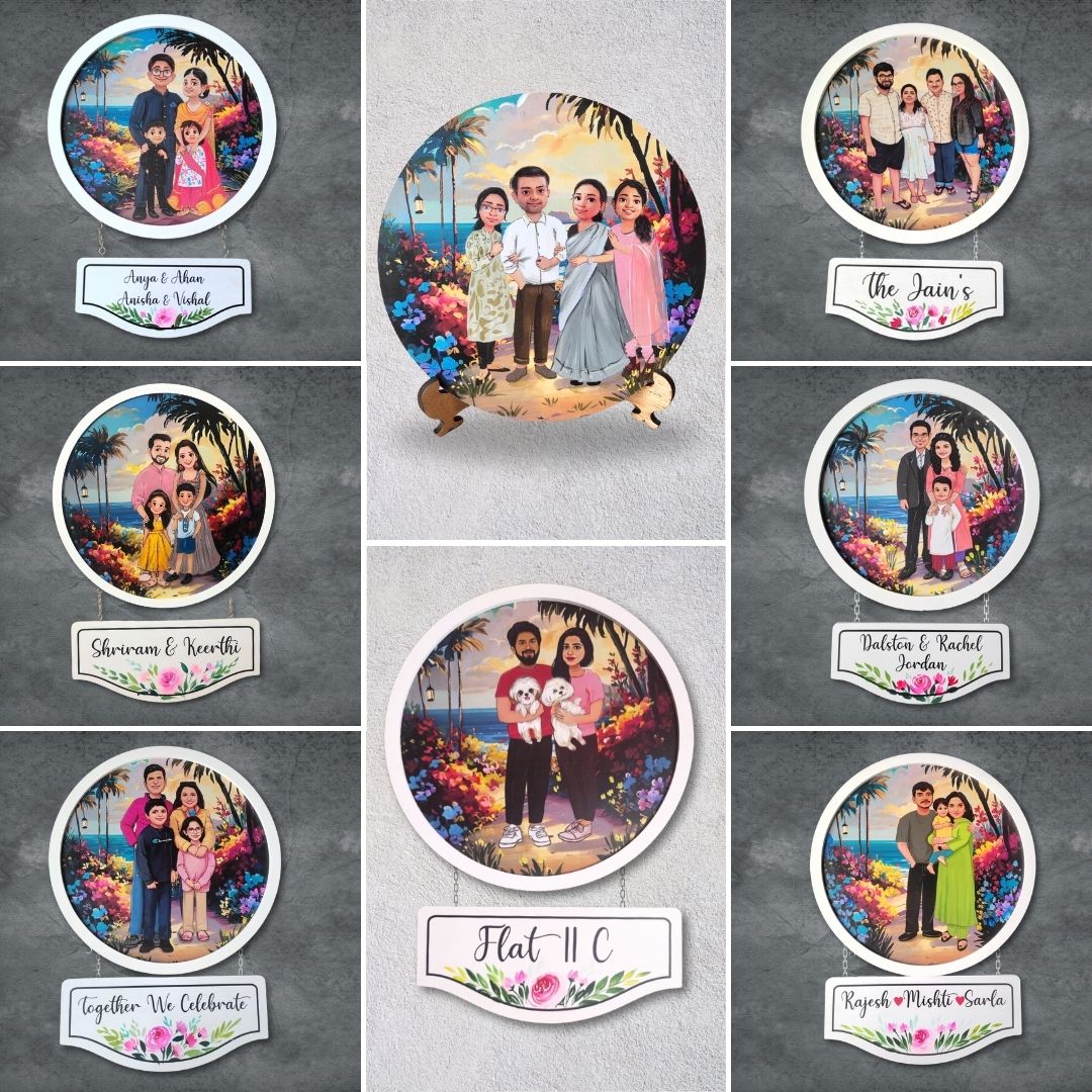 Photo Caricature Hanging Nameplate For Small Family 12 - Personalized Plaque with Name Plate Display