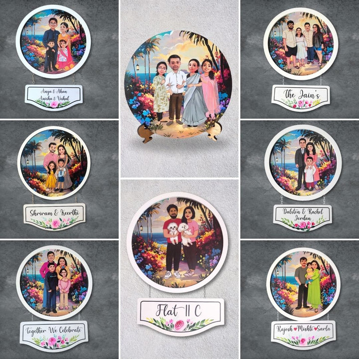 Photo Caricature Hanging Nameplate For Small Family 12 - Personalized Plaque with Name Plate Display