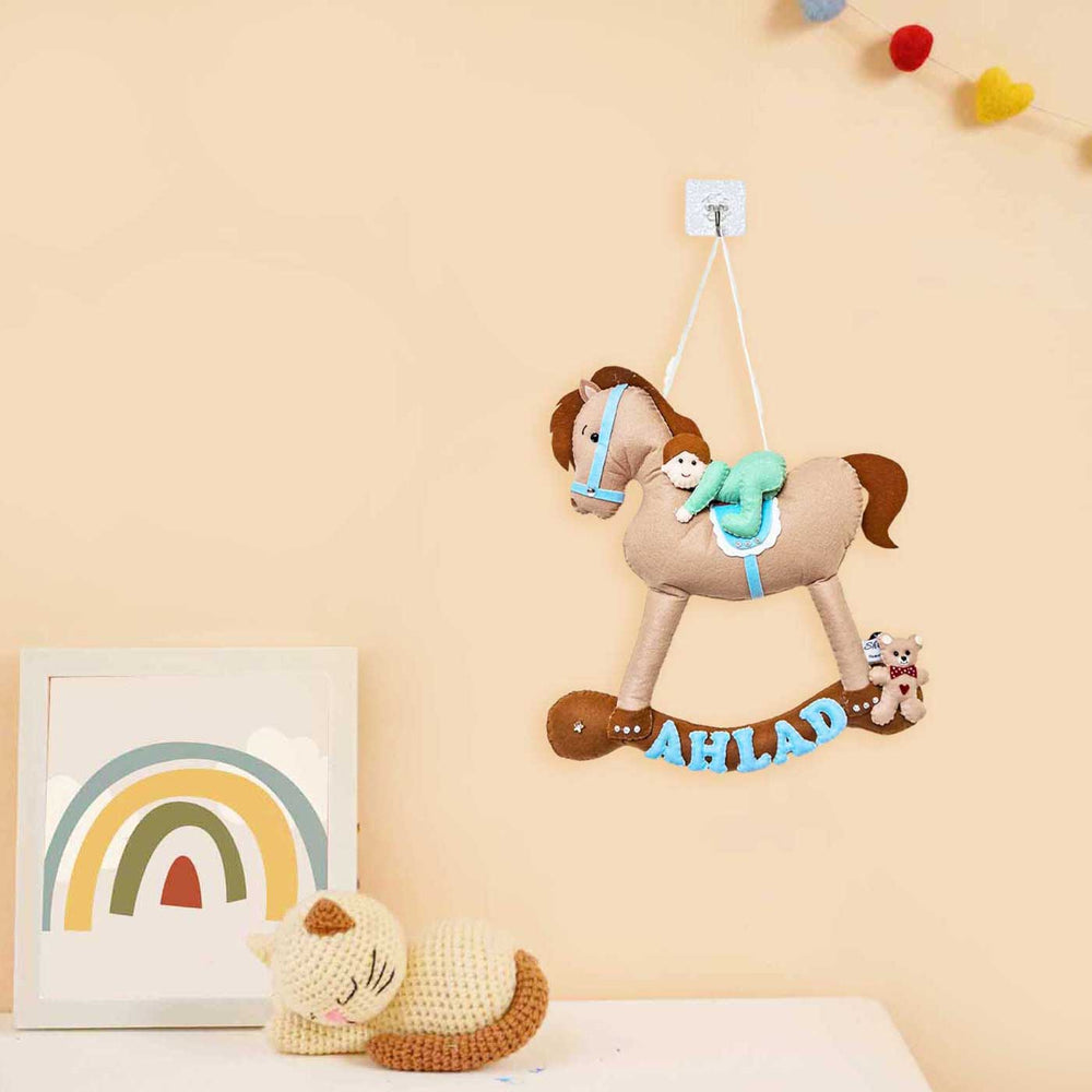 Personalized Baby On Horse Felt Kids Name Plate - Hanging on Wall Hook Display
