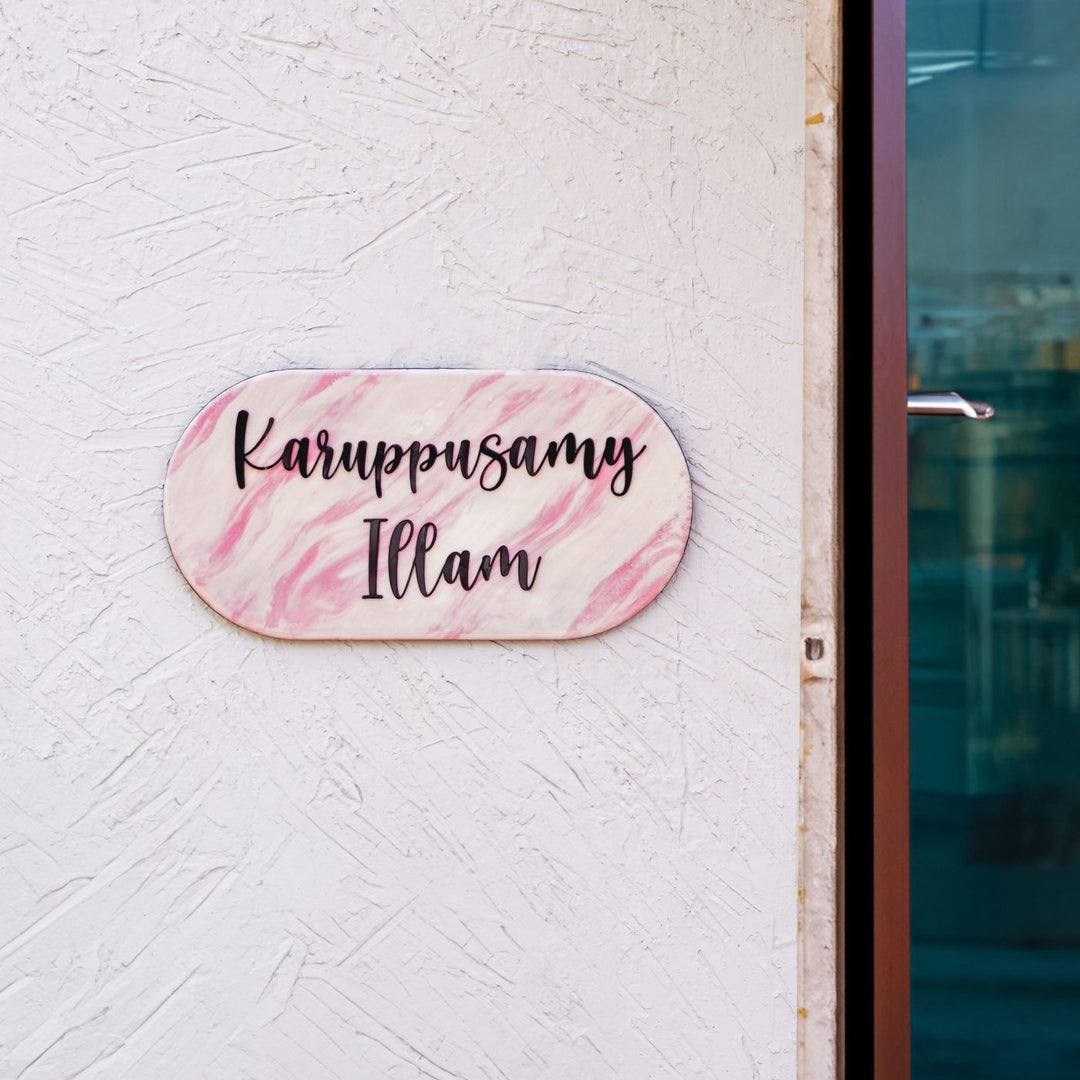 Handmade Resin Pink Black Oval Marbled Name Plate - Mounted on Exterior Wall Near Door